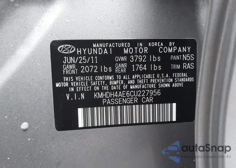2012 Hyundai Elantra Gls (Ulsan Plant) from USA, damaged, VIN KMHDH4AE6CU227956